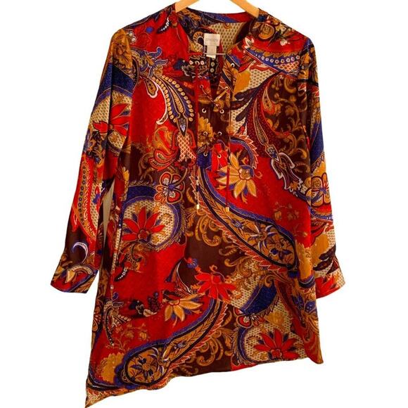 Chico's Women's Top Sz S Paisley Peasant  Lace Up Asymmetrical  Orange Brown - Picture 1 of 12